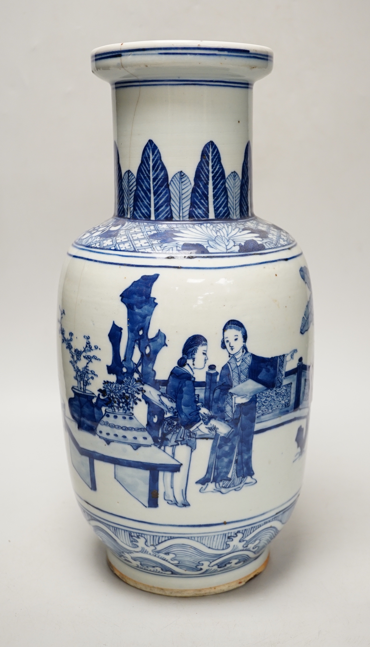 A Chinese blue and white rouleau vase painted with figures, 39cm (a.f.)